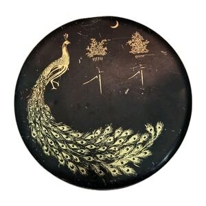 Antique 1920s Peacock Collectible Tin w/ Lid Black And Gold 7" Tindeco Decor